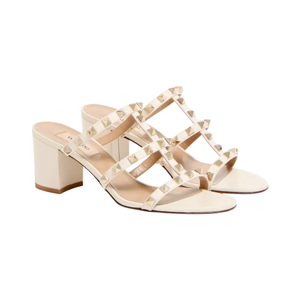 Valentino Rockstud Calfskin Leather Slide Sandal 60mm Light Ivory