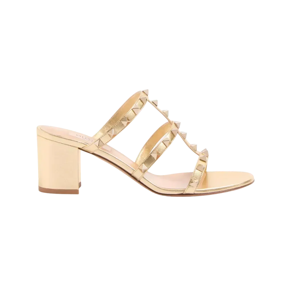 Valentino Rockstud Slide Sandal In Laminated Nappa Leather 60mm Antique Brass