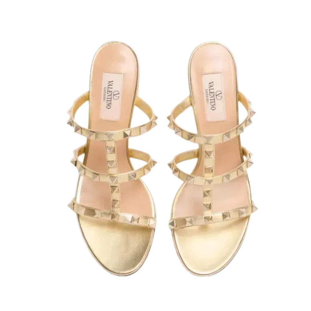 Valentino Rockstud Slide Sandal In Laminated Nappa Leather 60mm Antique Brass