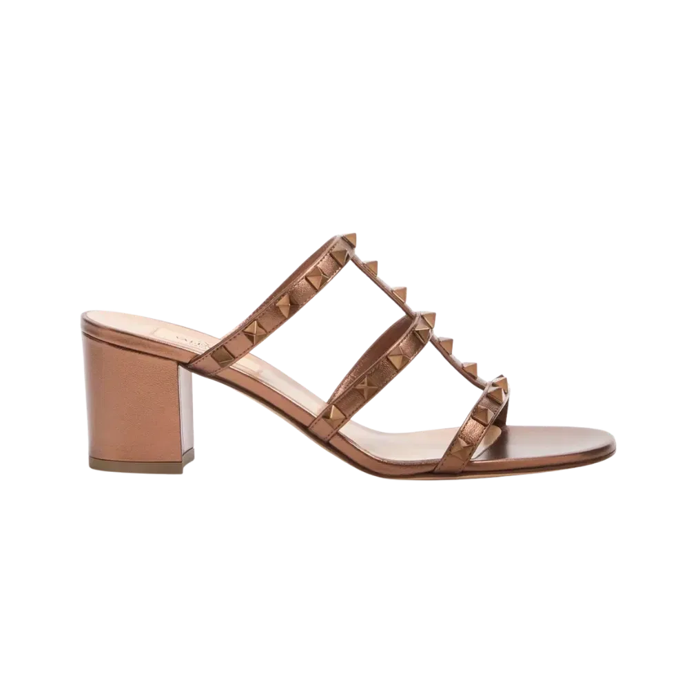 Valentino Rockstud Metallic Calfskin Leather Slide Sandal 60mm Bronze