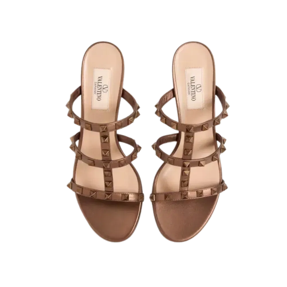 Valentino Rockstud Metallic Calfskin Leather Slide Sandal 60mm Bronze