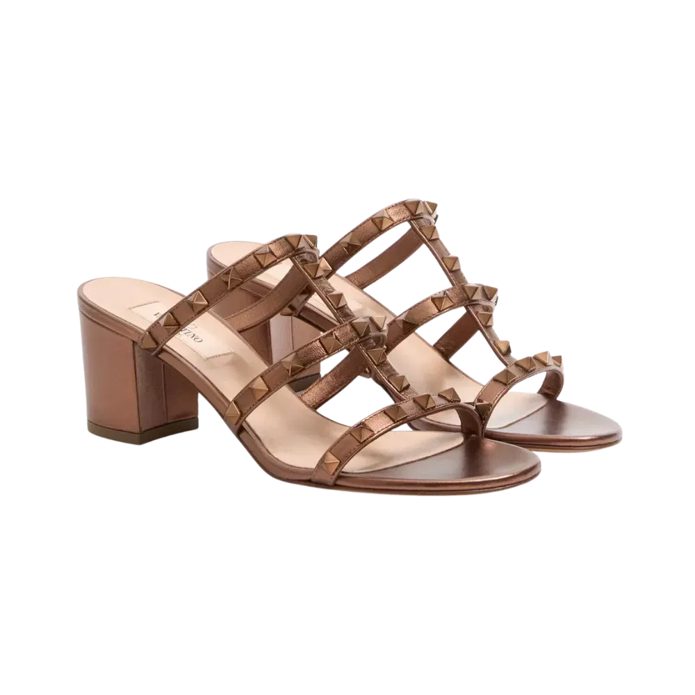 Valentino Rockstud Metallic Calfskin Leather Slide Sandal 60mm Bronze