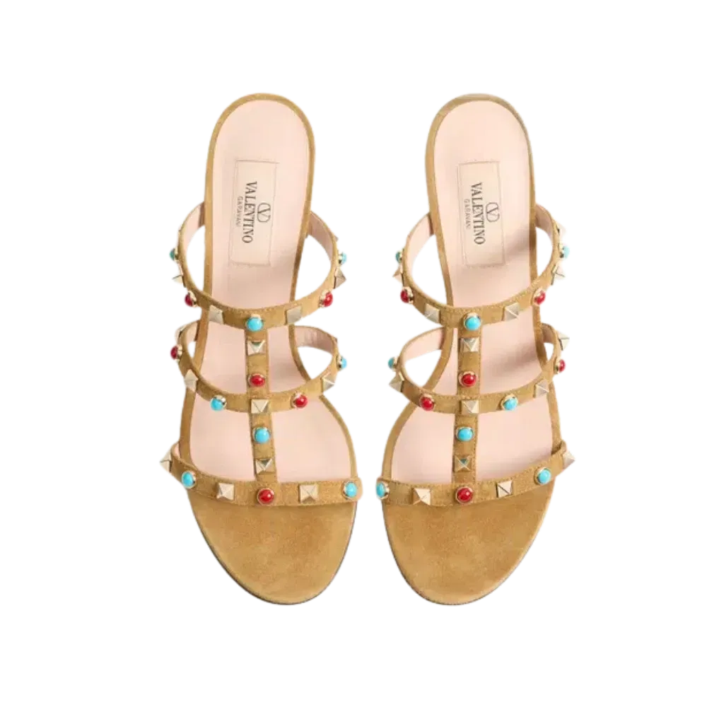 Valentino Rockstud Slide Sandal In Suede With Cabochon Stones 60mm Havana Beige