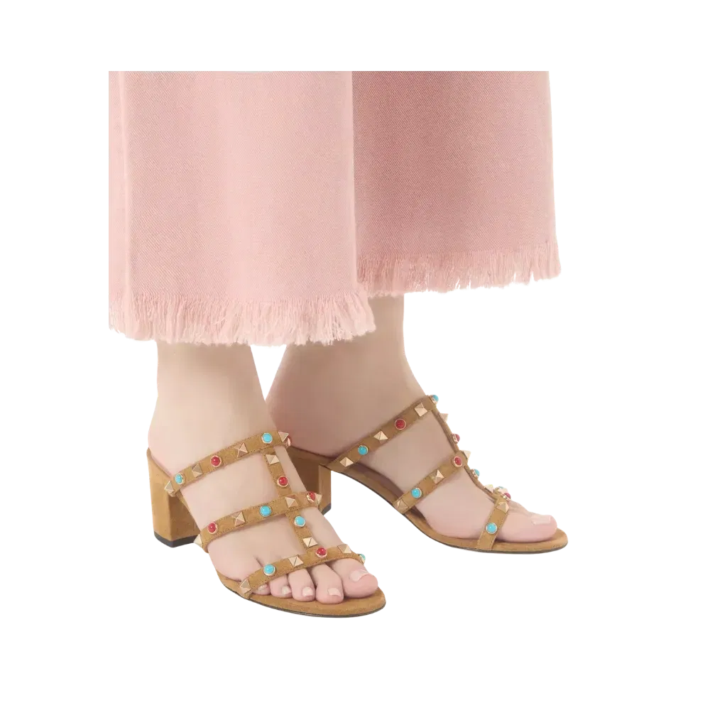 Valentino Rockstud Slide Sandal In Suede With Cabochon Stones 60mm Havana Beige