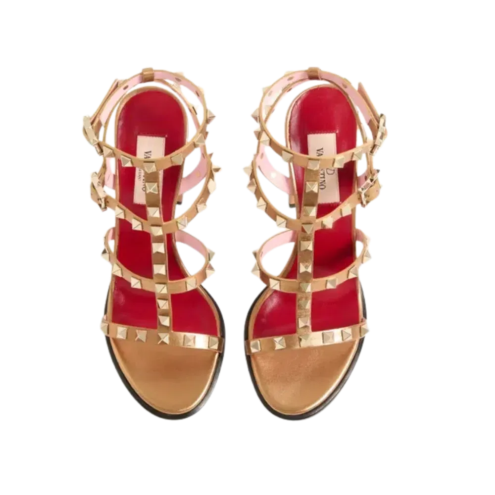Valentino Rockstud Laminated Calfskin Sandal With Straps 90mm Gold