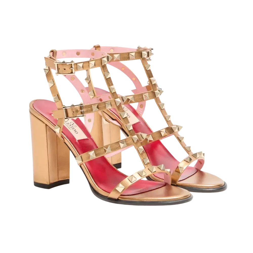 Valentino Rockstud Laminated Calfskin Sandal With Straps 90mm Gold