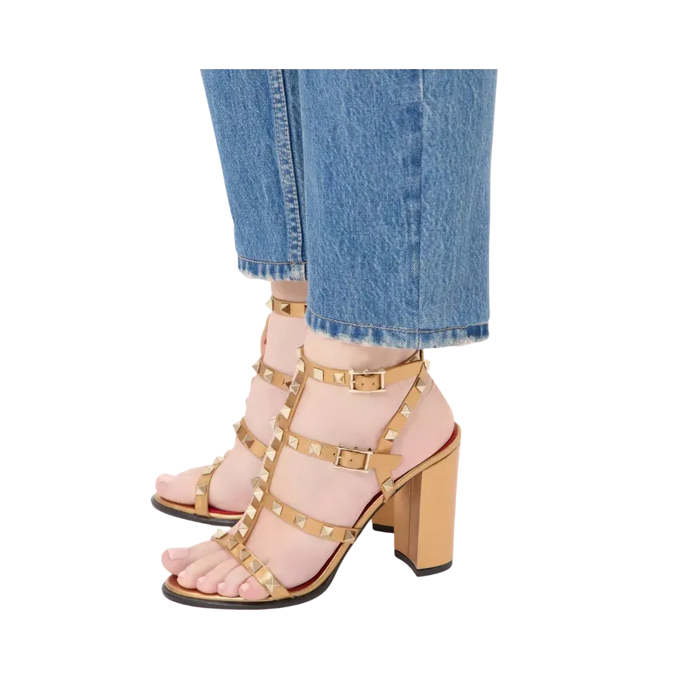 Valentino Rockstud Laminated Calfskin Sandal With Straps 90mm Gold