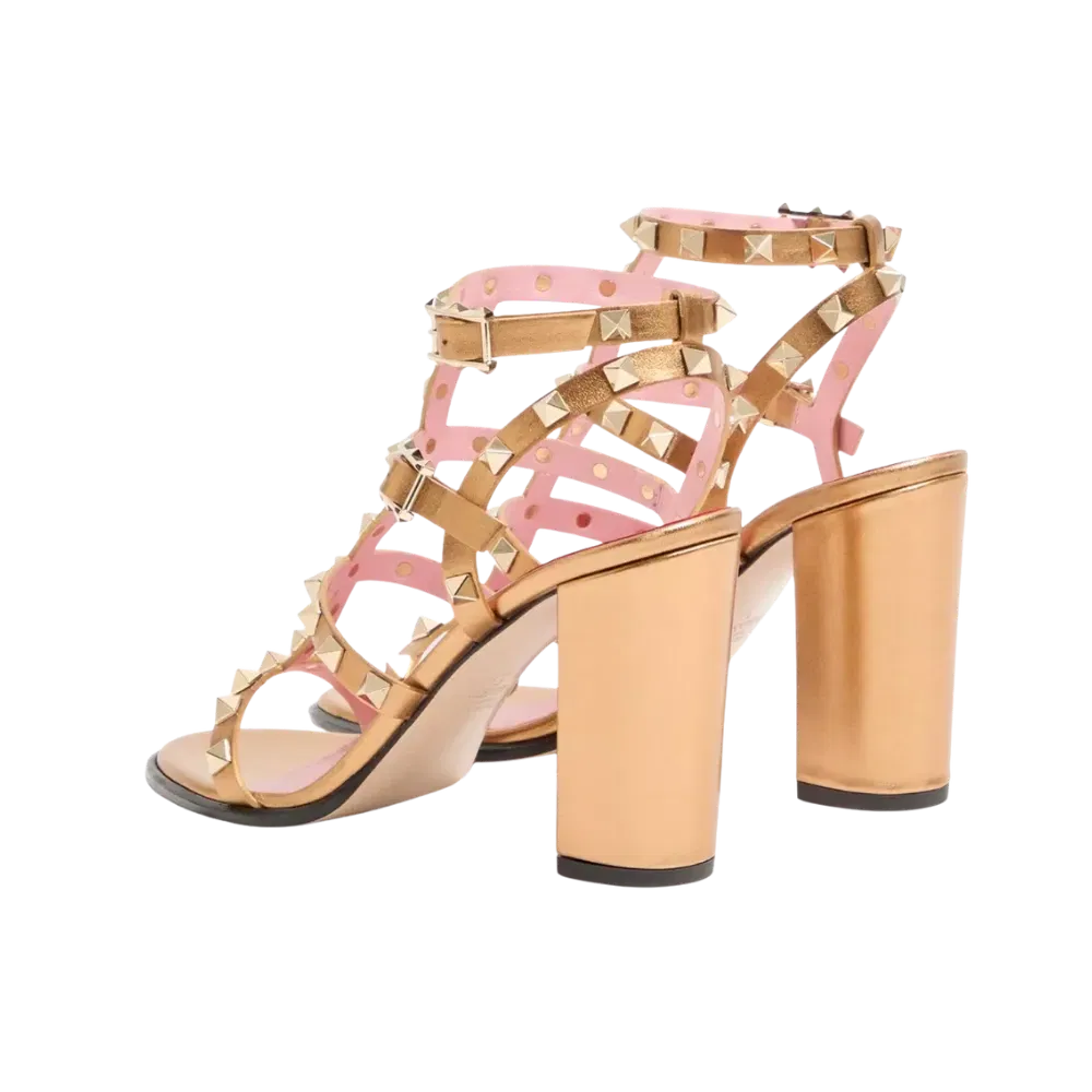 Valentino Rockstud Laminated Calfskin Sandal With Straps 90mm Gold