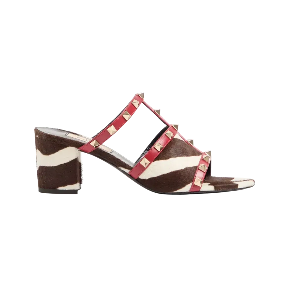 Valentino Rockstud Slide Sandal In Pony-Effect Calfskin 60mm Marrone