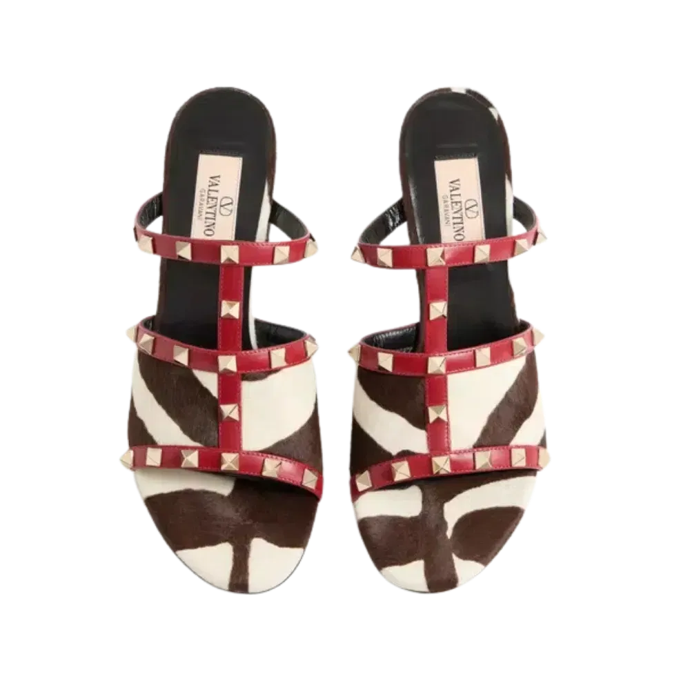 Valentino Rockstud Slide Sandal In Pony-Effect Calfskin 60mm Marrone