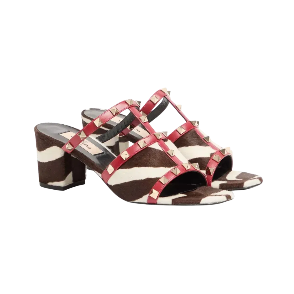 Valentino Rockstud Slide Sandal In Pony-Effect Calfskin 60mm Marrone