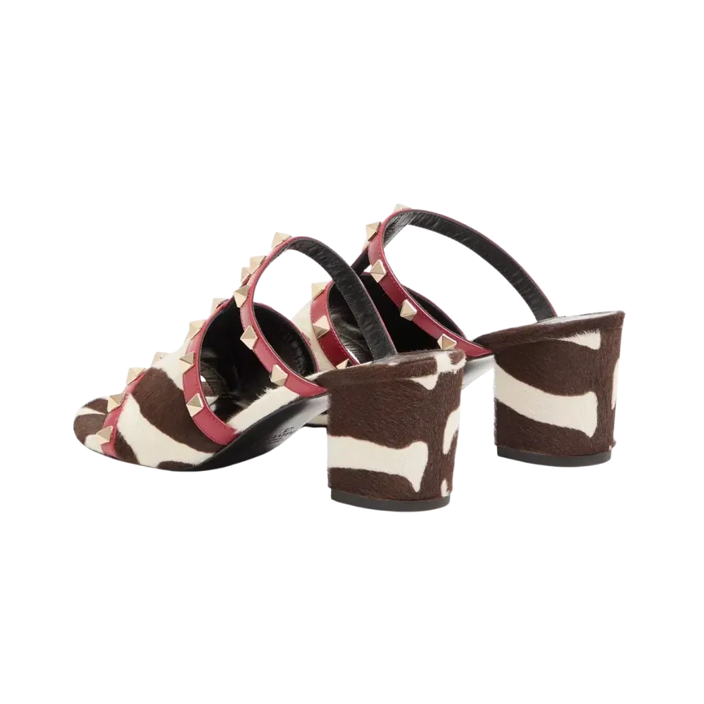 Valentino Rockstud Slide Sandal In Pony-Effect Calfskin 60mm Marrone