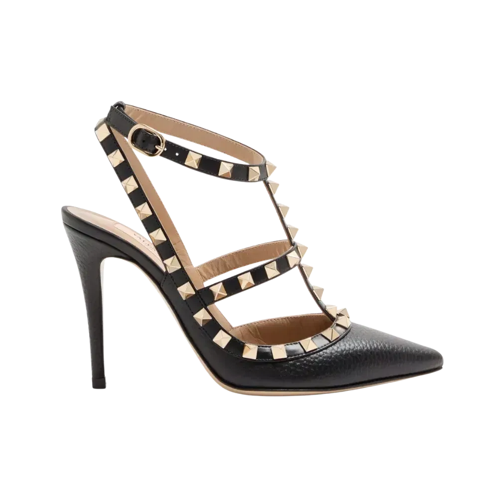 Valentino Rockstud Grainy Leather Ankle Strap Pump 100mm Black