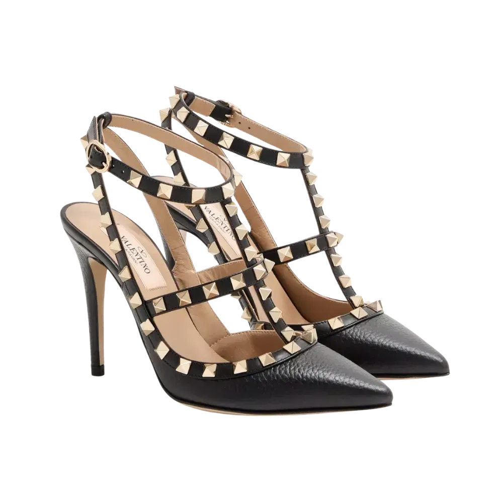 Valentino Rockstud Grainy Leather Ankle Strap Pump 100mm Black