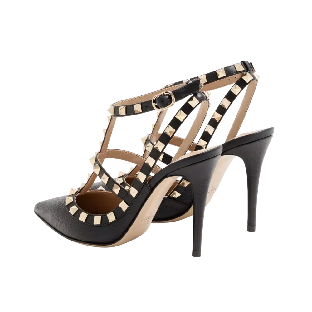 Valentino Rockstud Grainy Leather Ankle Strap Pump 100mm Black