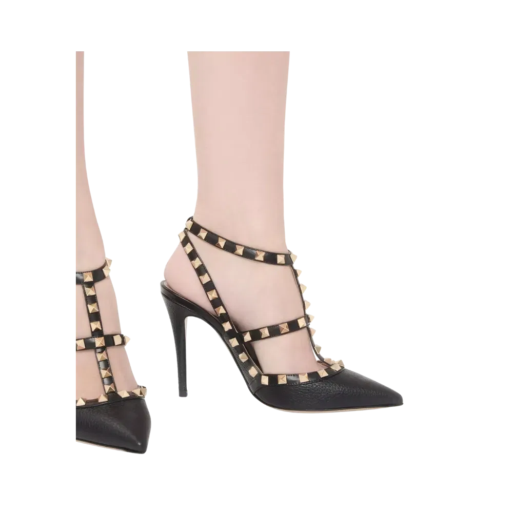 Valentino Rockstud Grainy Leather Ankle Strap Pump 100mm Black