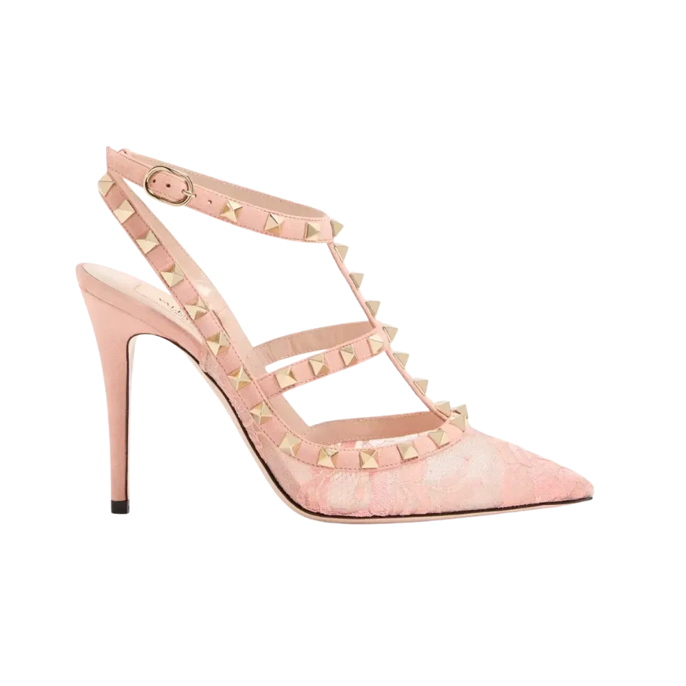 Valentino Rockstud Lace Pump With Straps 100mm Peach Rose