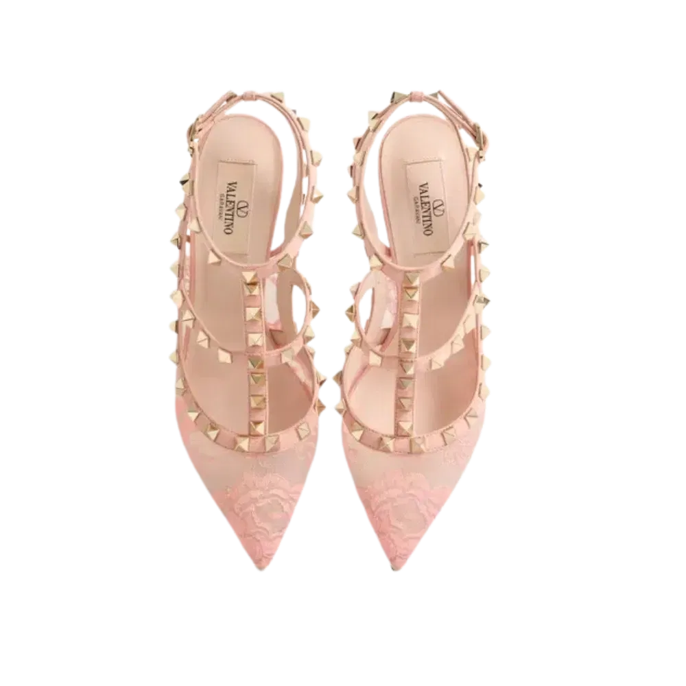 Valentino Rockstud Lace Pump With Straps 100mm Peach Rose