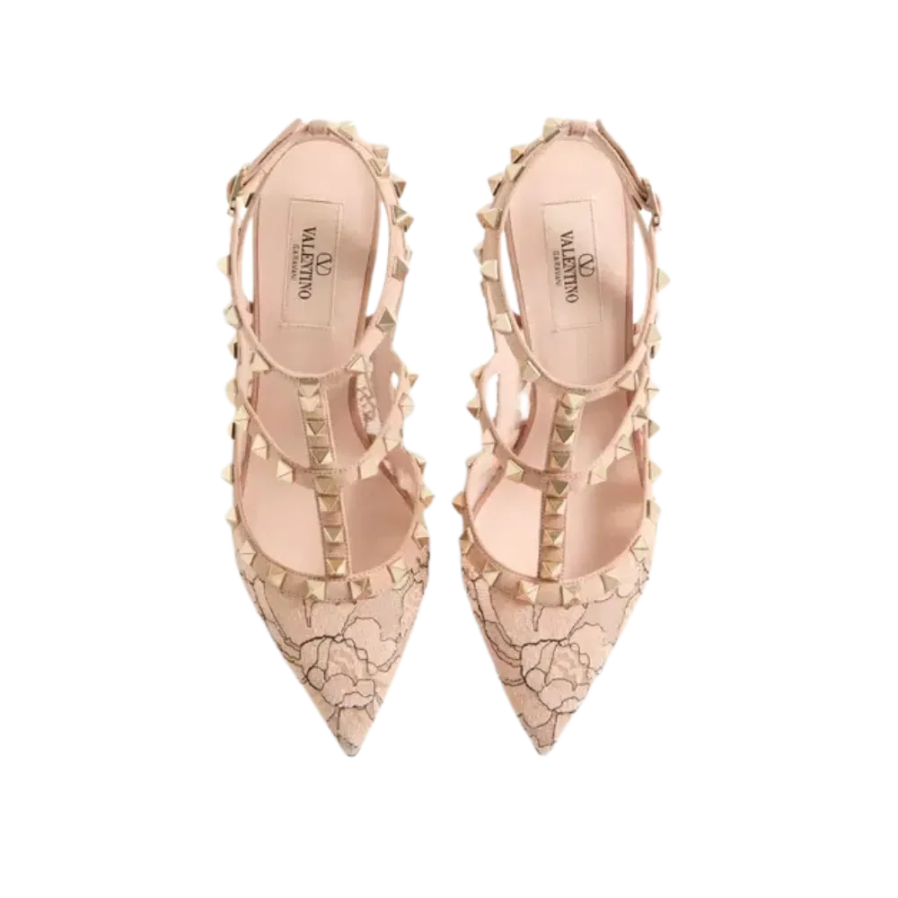 Valentino Rockstud Lace Pump With Straps 100mm Skin