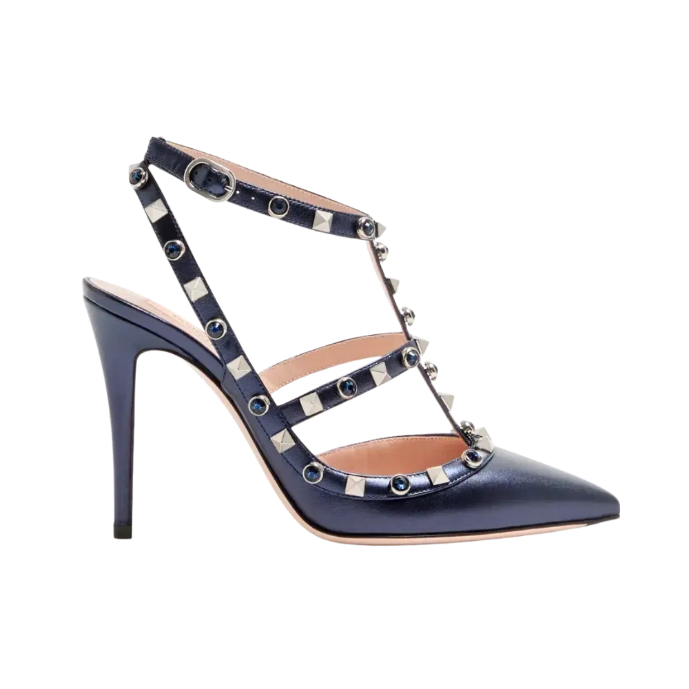 Valentino Rockstud Pumps In Laminated Nappa With Cabochon 100mm Navy