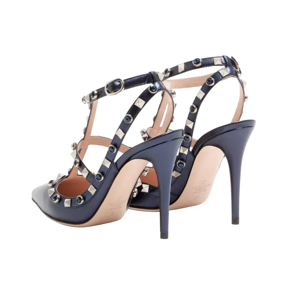 Valentino Rockstud Pumps In Laminated Nappa With Cabochon 100mm Navy