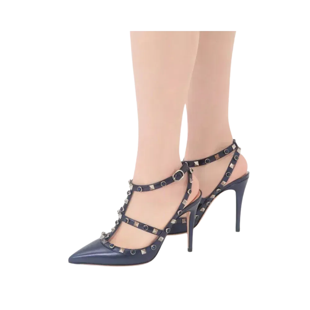Valentino Rockstud Pumps In Laminated Nappa With Cabochon 100mm Navy