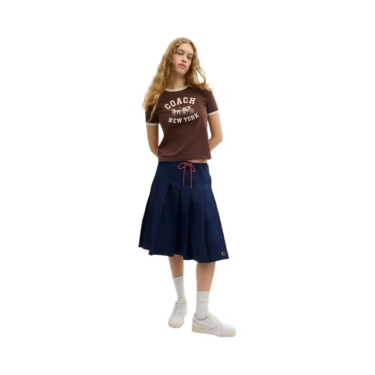 Coach Sporty Pleated Midi Skirt in Navy Blue