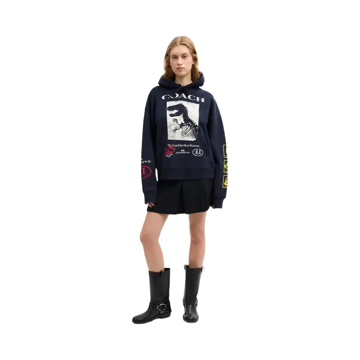 Coach Dinosaur Collage Relaxed Hoodie In Organic Cotton in Navy Blue