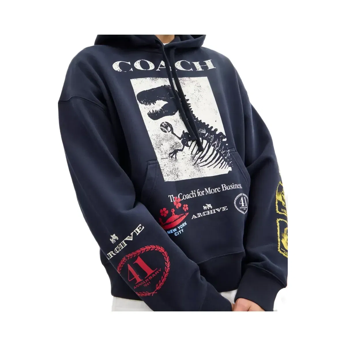 Coach Dinosaur Collage Relaxed Hoodie In Organic Cotton in Navy Blue