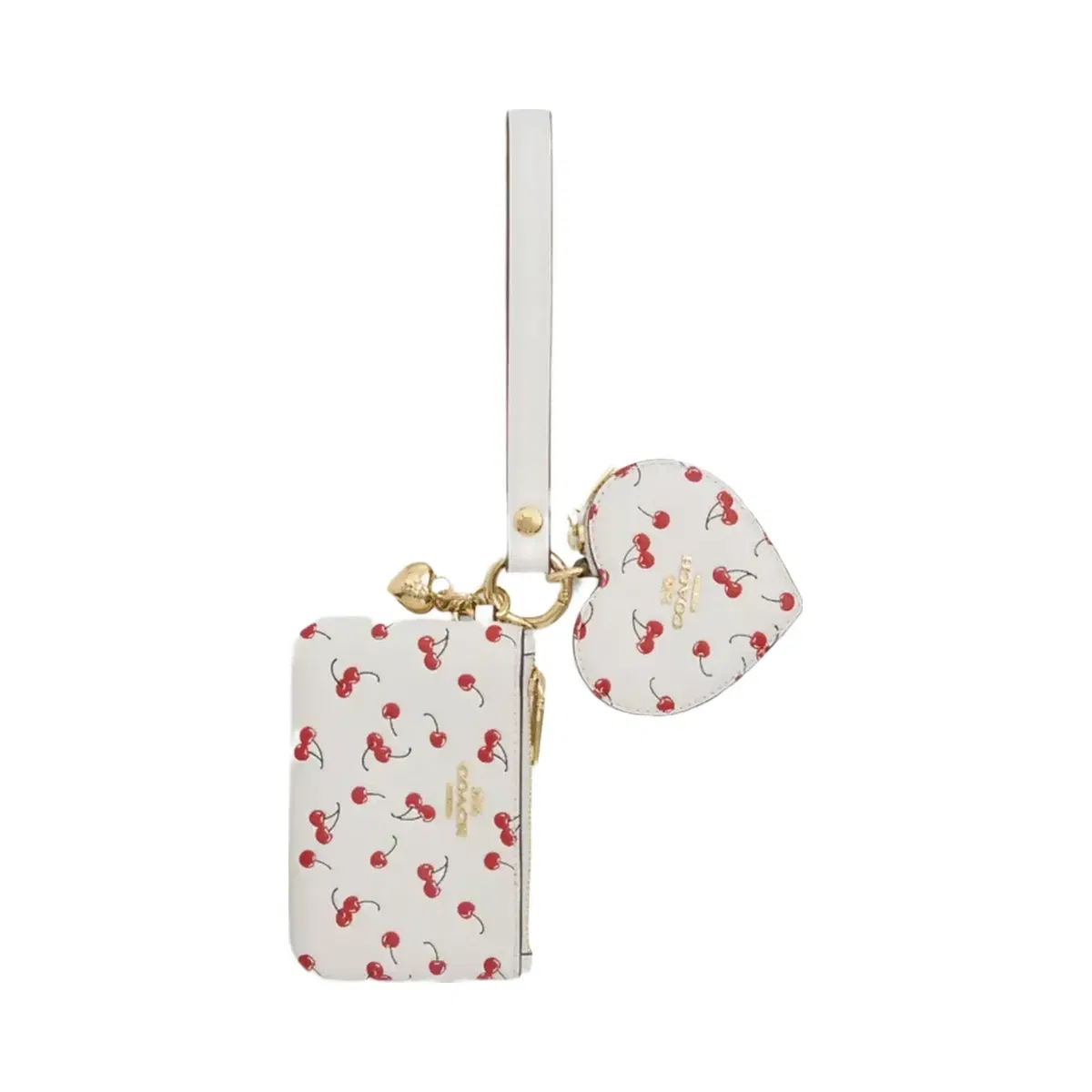 Coach Wristlet And Heart Pouch With Cherry Print And Charm in Gold Chalk Multi