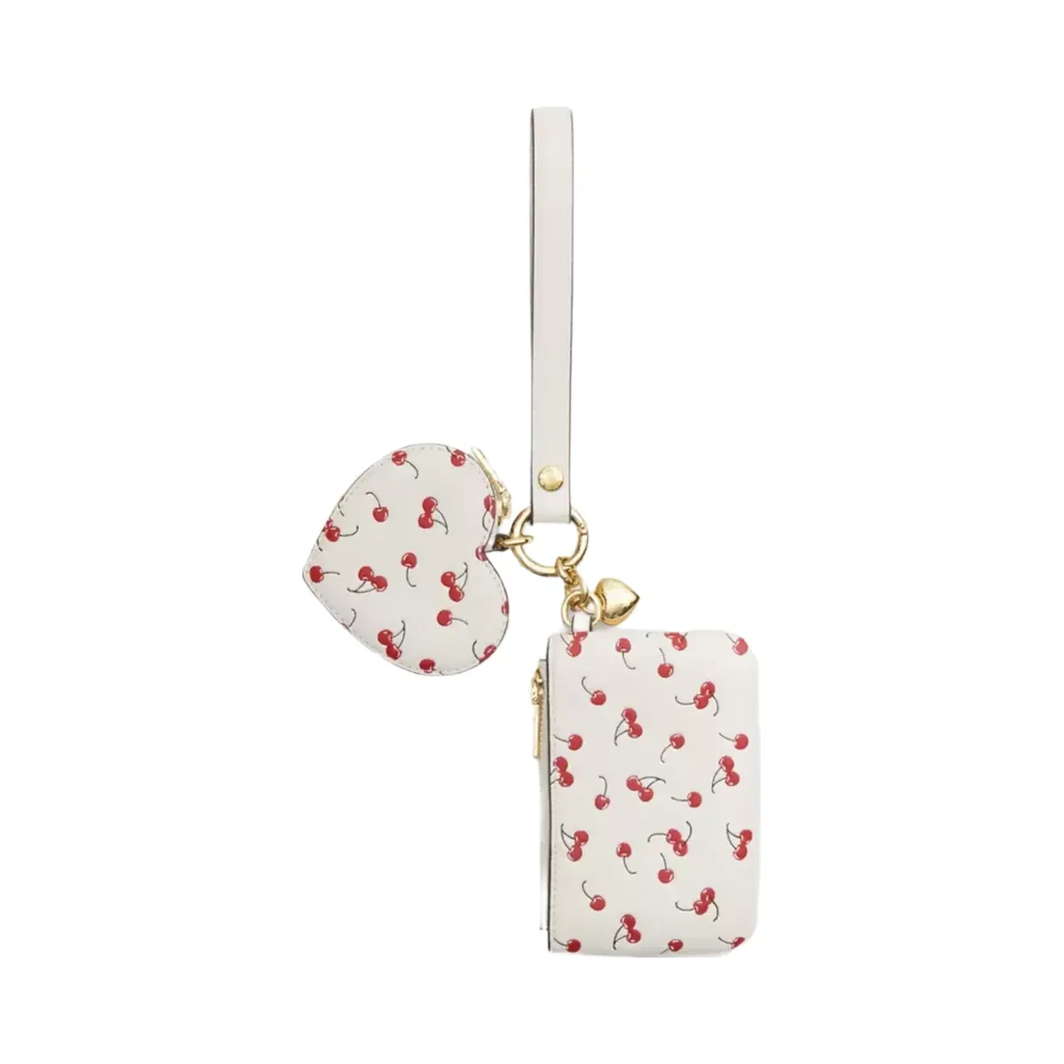 Coach Wristlet And Heart Pouch With Cherry Print And Charm in Gold Chalk Multi