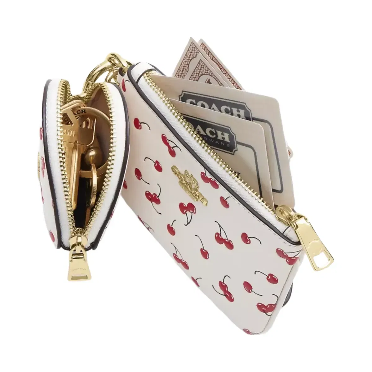 Coach Wristlet And Heart Pouch With Cherry Print And Charm in Gold Chalk Multi