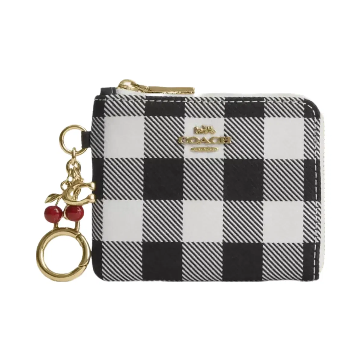 Coach Small Corner Zip Wallet With Gingham Print And Charms in Gold Black Multi