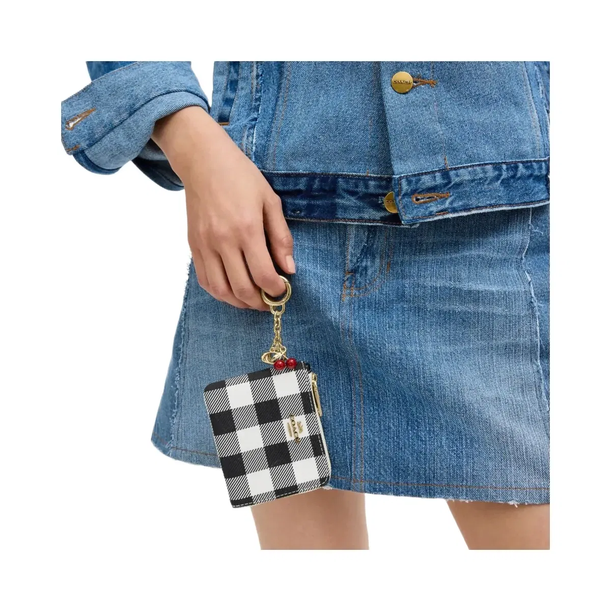 Coach Small Corner Zip Wallet With Gingham Print And Charms in Gold Black Multi
