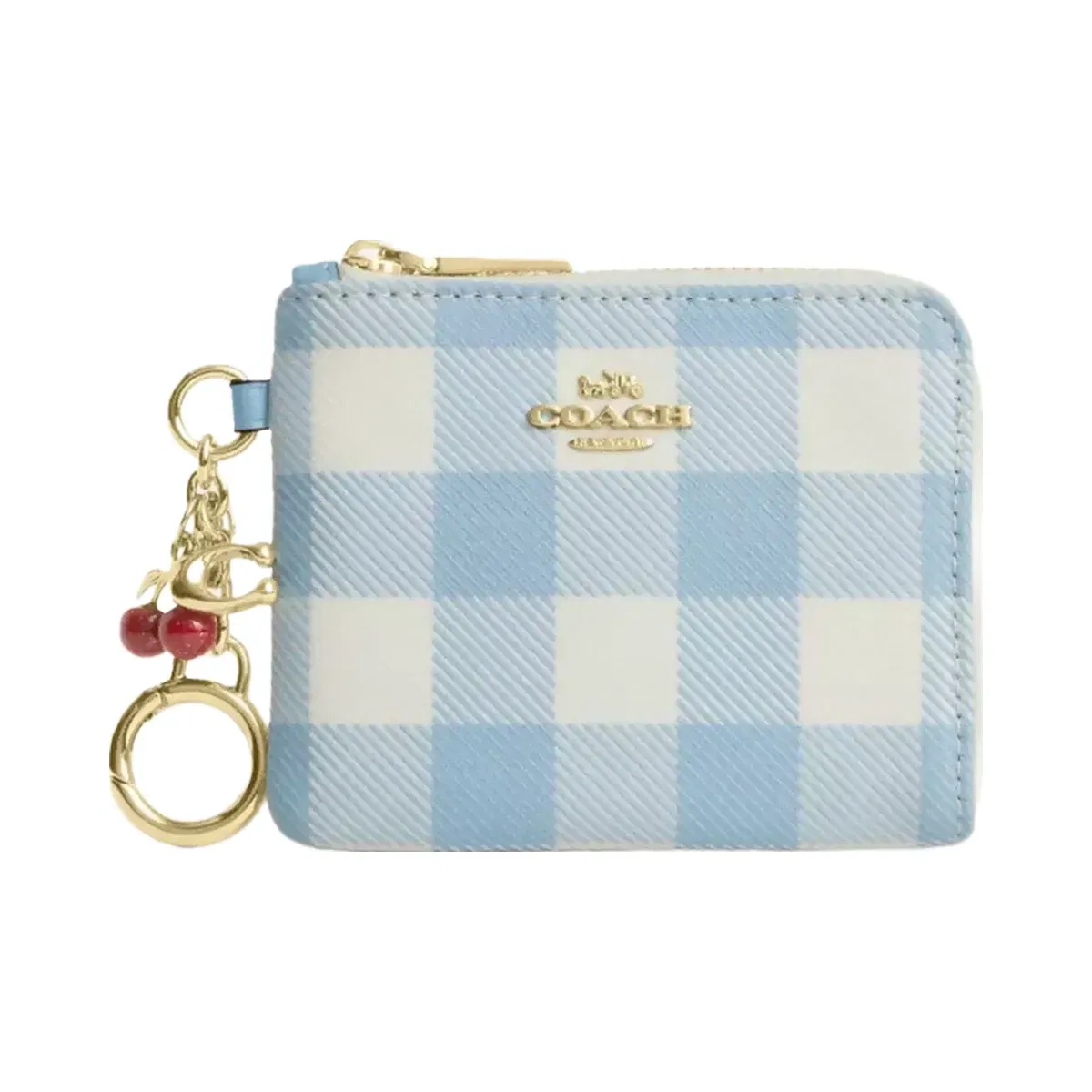 Coach Small Corner Zip Wallet With Gingham Print And Charms in Gold Blue Multi