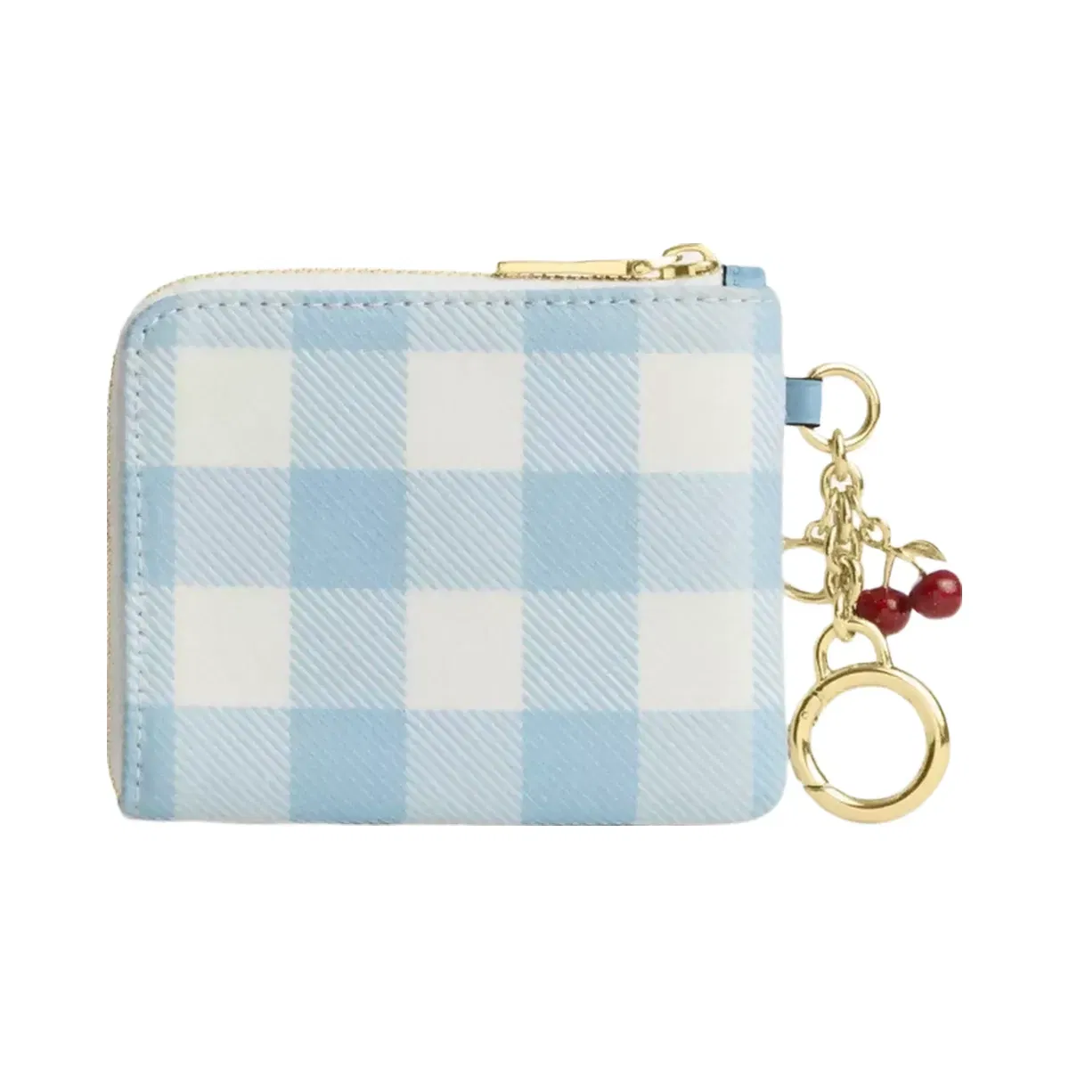 Coach Small Corner Zip Wallet With Gingham Print And Charms in Gold Blue Multi
