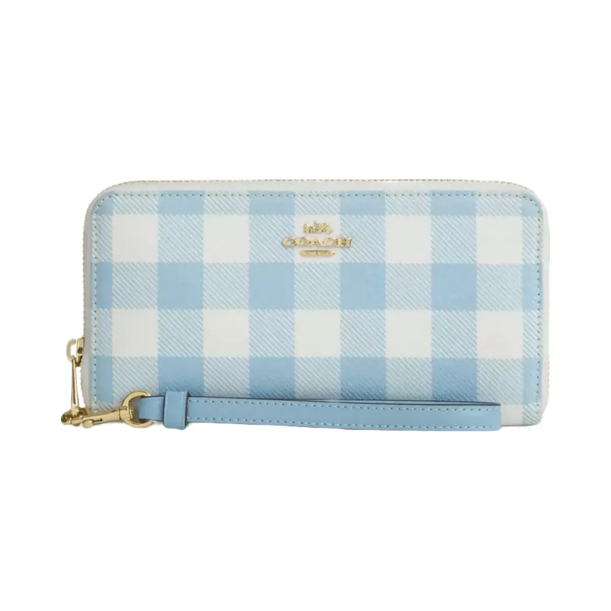 Coach Long Zip Around Wallet With Gingham Print in Gold Blue Multi