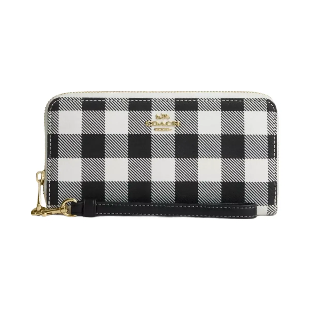 Coach Long Zip Around Wallet With Gingham Print in Gold Black Multi