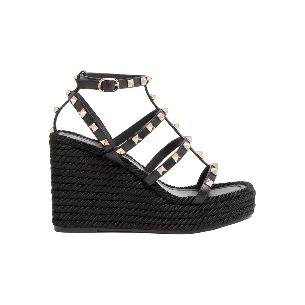 Valentino Rockstud Ankle Strap Wedge Sandal In Calfskin Leather 95mm Black