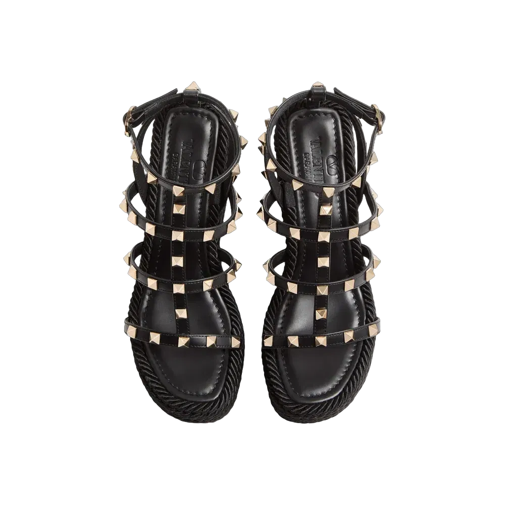 Valentino Rockstud Ankle Strap Wedge Sandal In Calfskin Leather 95mm Black