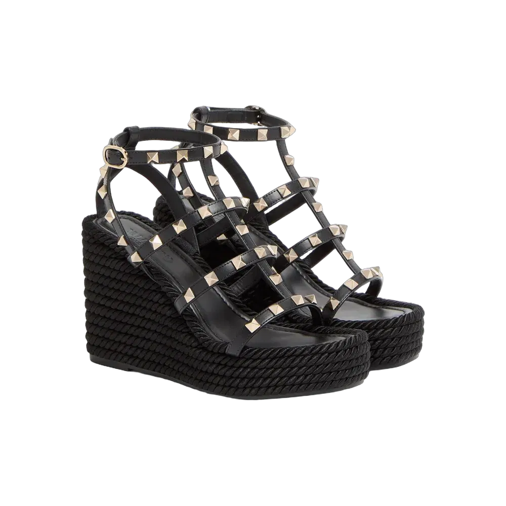Valentino Rockstud Ankle Strap Wedge Sandal In Calfskin Leather 95mm Black