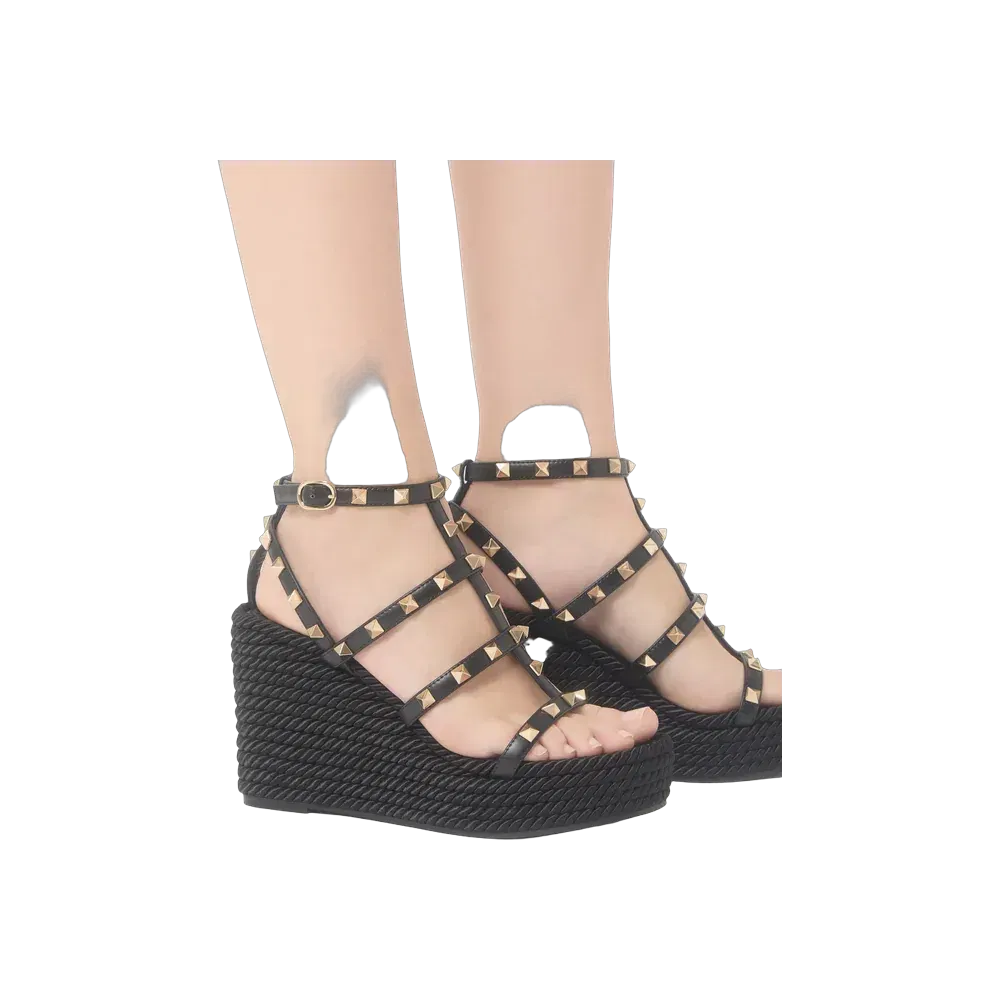 Valentino Rockstud Ankle Strap Wedge Sandal In Calfskin Leather 95mm Black