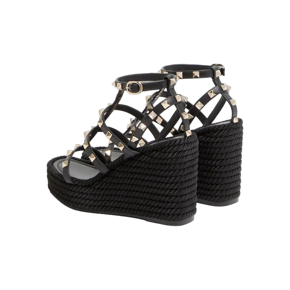 Valentino Rockstud Ankle Strap Wedge Sandal In Calfskin Leather 95mm Black