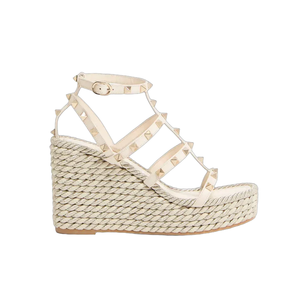 Valentino Rockstud Calfskin Wedge Sandal With Straps 95mm Light Ivory