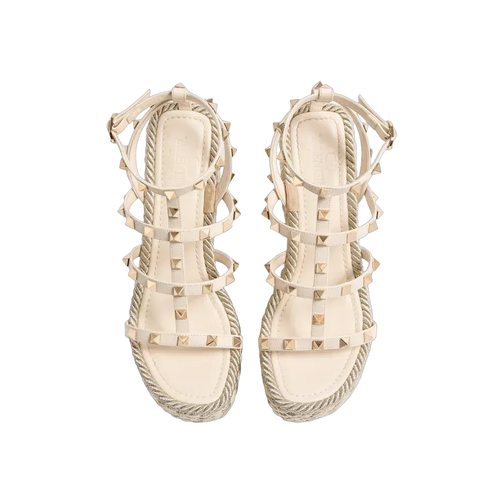 Valentino Rockstud Calfskin Wedge Sandal With Straps 95mm Light Ivory