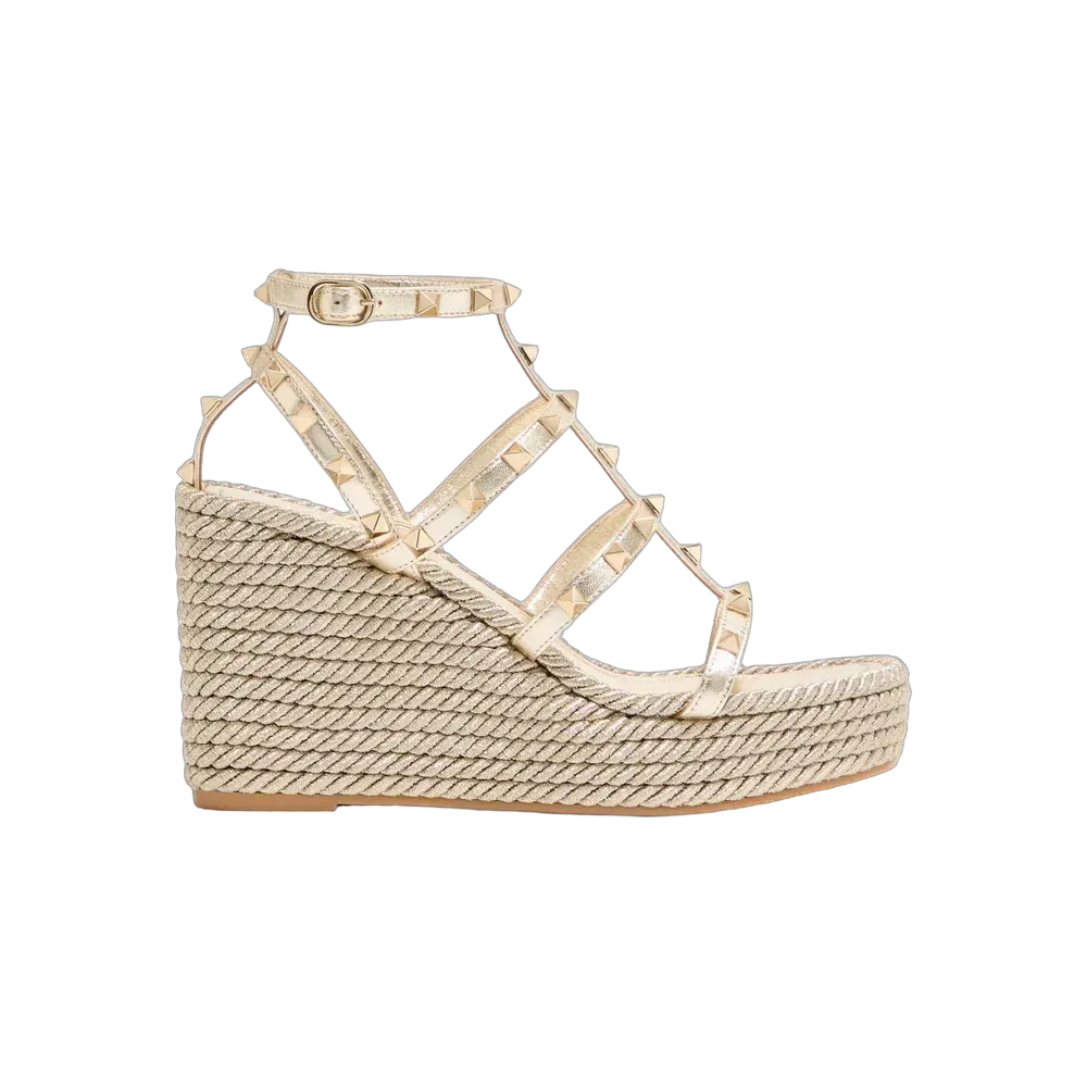 Valentino Rockstud Laminated Nappa Wedge Sandal 95mm Platinum