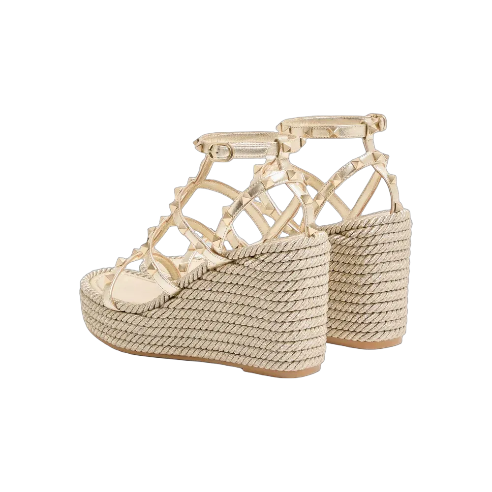 Valentino Rockstud Laminated Nappa Wedge Sandal 95mm Platinum