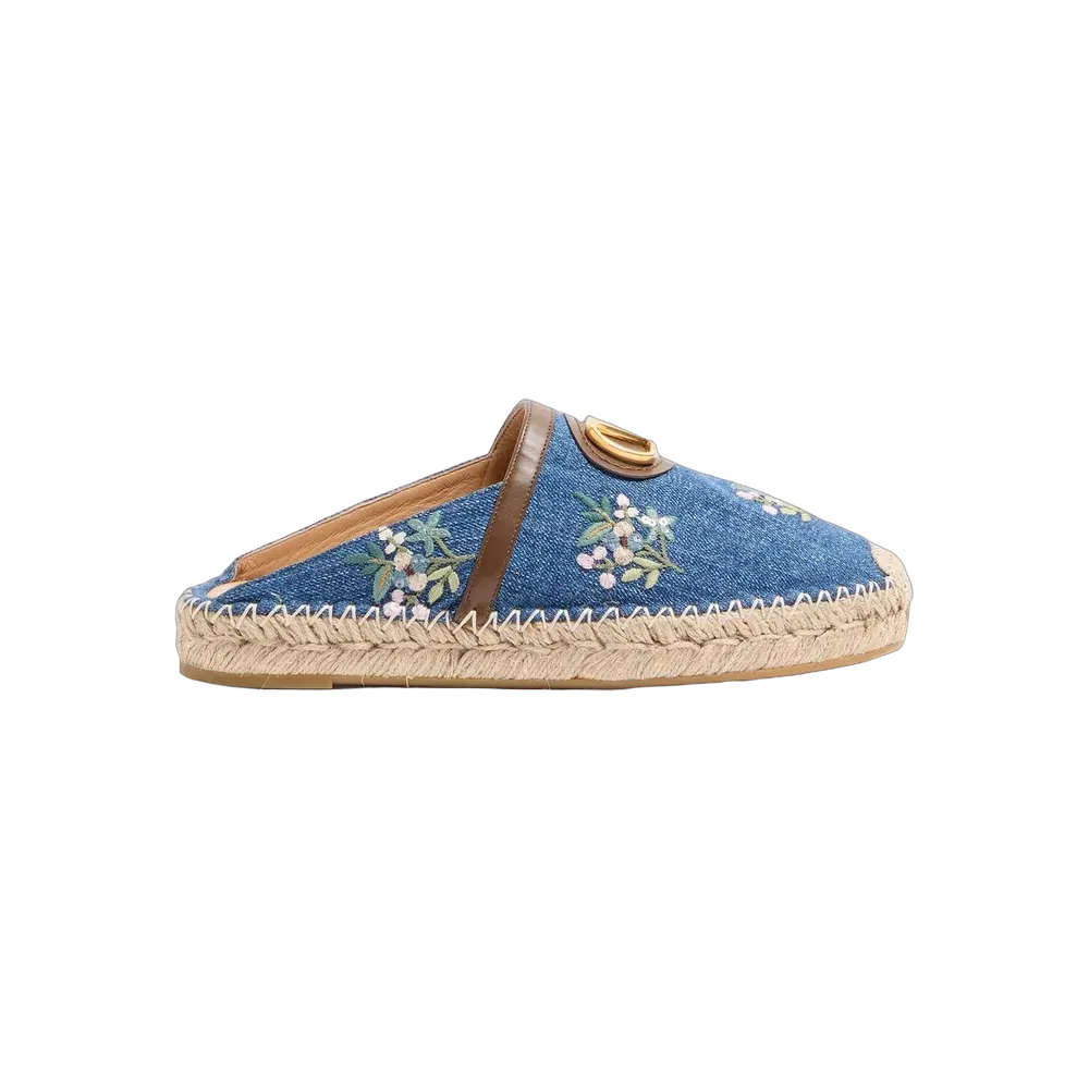 Valentino VLogo Signature Mule In Denim With Floral Embroidery 25mm Denim
