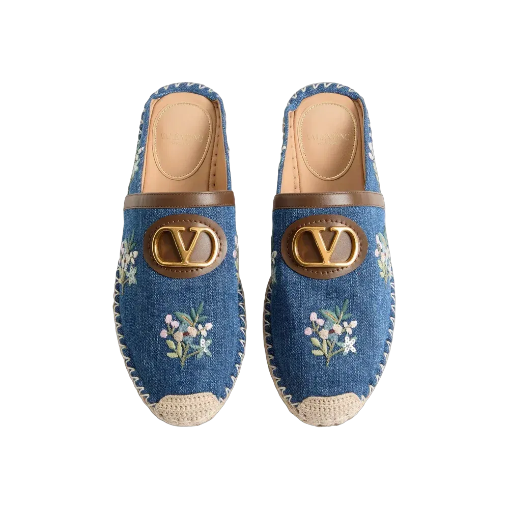 Valentino VLogo Signature Mule In Denim With Floral Embroidery 25mm Denim