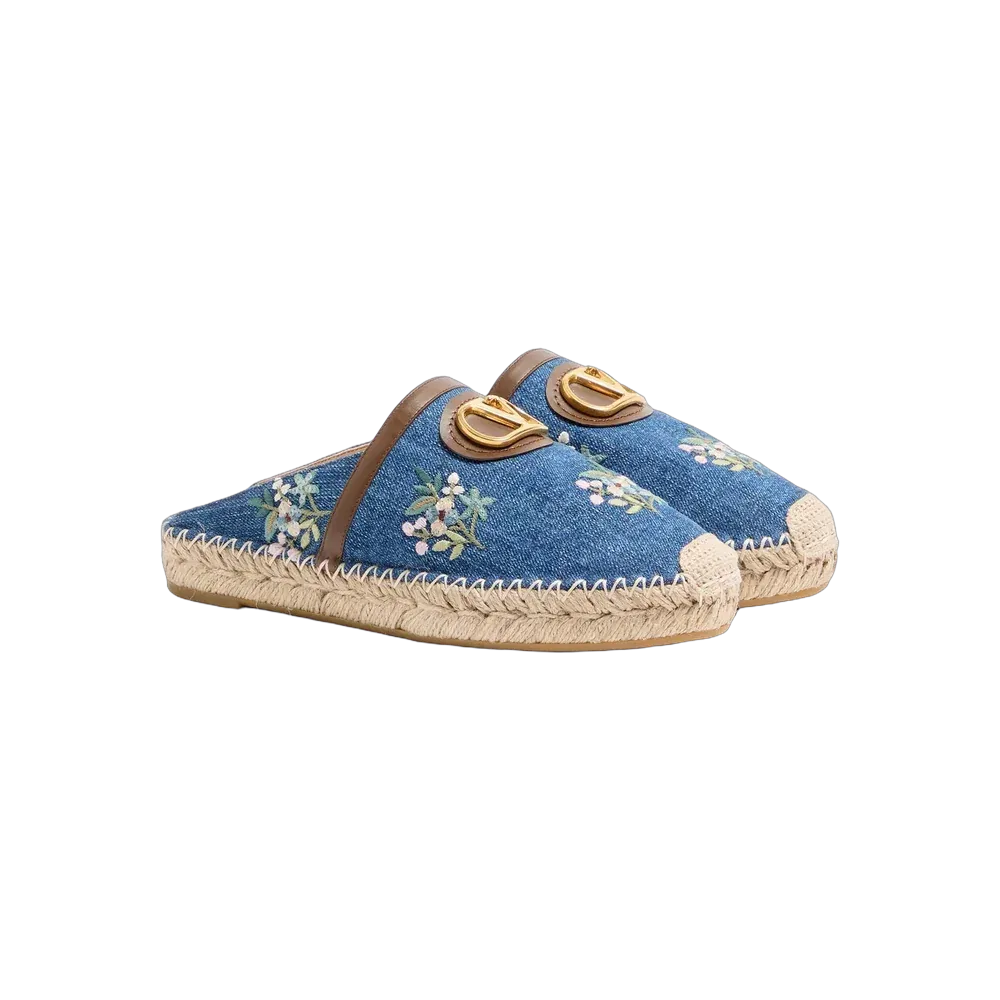 Valentino VLogo Signature Mule In Denim With Floral Embroidery 25mm Denim